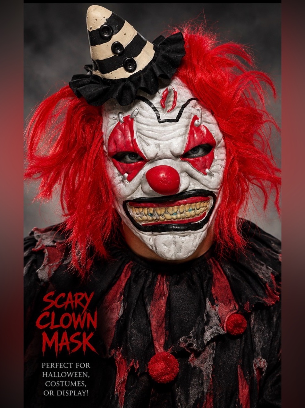 Scary Killer Clown Mask Red Hair Striped Hat Creepy Horror Halloween Costume